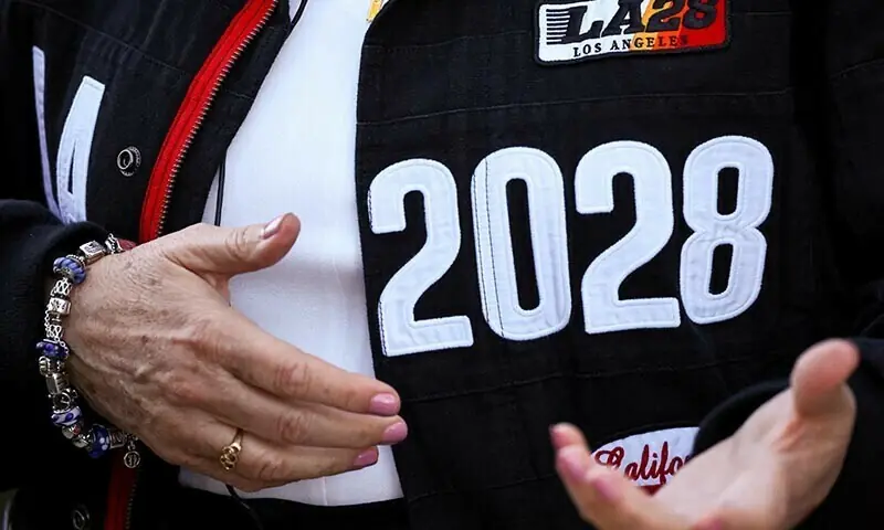 Los Angeles 2028 Olympic Games logo pictured at UCLA, Los Angeles, California, U.S., November 14, 2024. REUTERS/Daniel Cole/File Photo