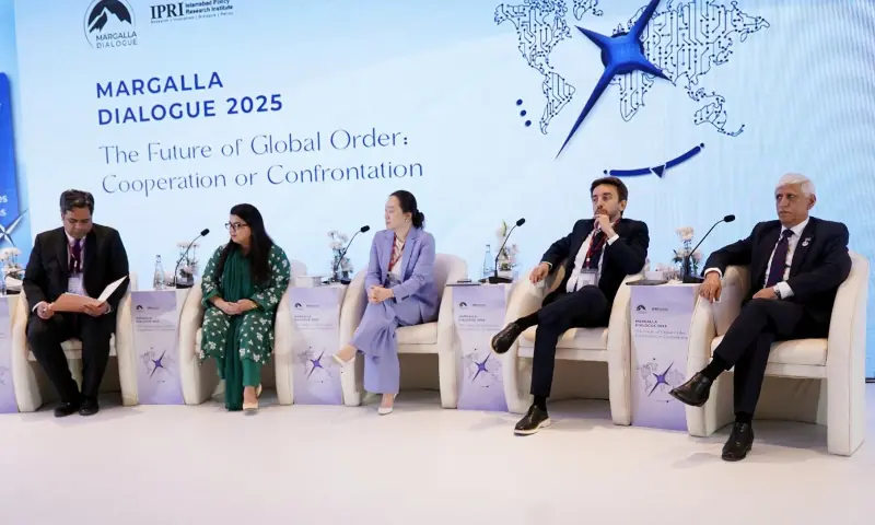 A panel of speakers discuss the global international order, AI, Pakistan&rsquo;s soft power and internal security, at the Margalla Dialogue 2025 hosted by Islamabad Policy Research Institute on November 12, 2025. &mdash; PID