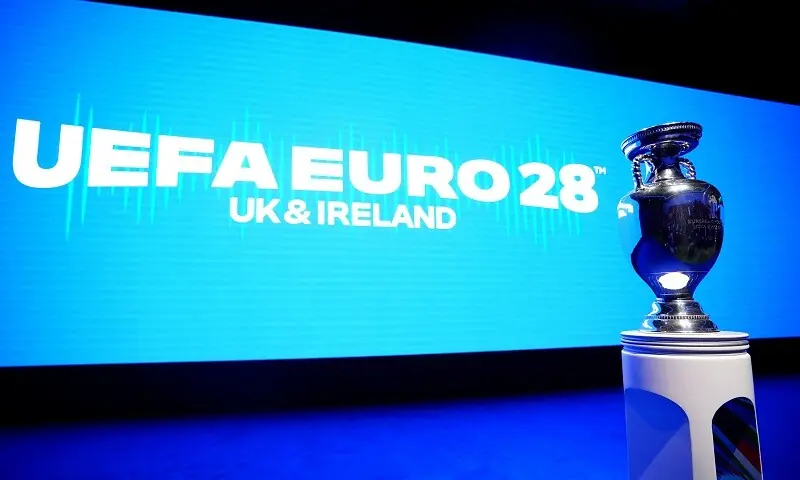 The European Championship trophy, the Henri Delaunay Cup, is pictured ahead the launch event for the UEFA EURO 2028 in London on November 12, 2025.