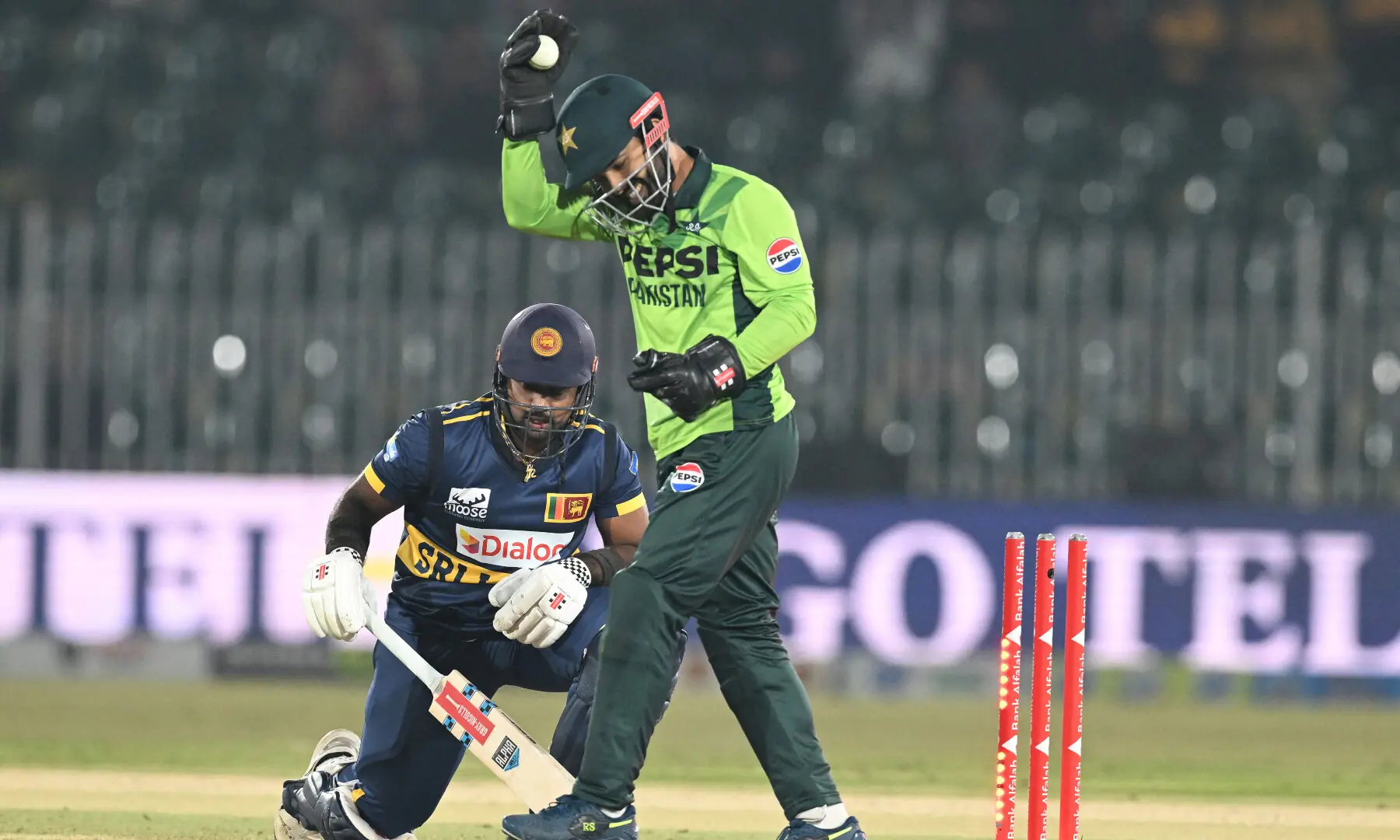 Wicketkeeper Mohammad Rizwan (R) celebrates after stumping out Sri Lanka’s captain Charith Asalanka (L) during the first one-day international (ODI) cricket match between Pakistan and Sri Lanka at the Rawalpindi Cricket Stadium in Rawalpindi on Nov 11, 2025. — AFP Wicketkeeper Mohammad Rizwan (R) celebrates after stumping out Sri Lanka’s captain Charith Asalanka (L) during the first one-day international (ODI) cricket match between Pakistan and Sri Lanka at the Rawalpindi Cricket Stadium in Rawalpindi on Nov 11, 2025. — AFP