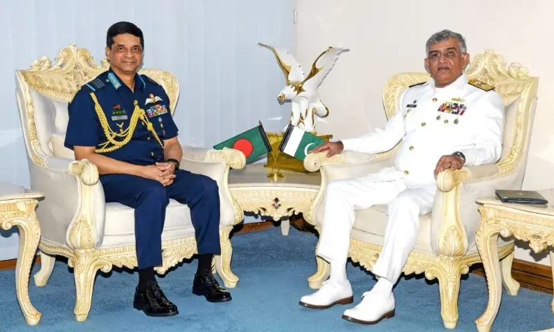 Chief of Naval Staff Admiral Naveed Ashraf meets the Bangladeshi Chief of Air Staff Air Chief Hasan Mahmood Khan during a visit to Bangladesh on November 13. — Photo courtesy Pakistan Navy DGPR Chief of Naval Staff Admiral Naveed Ashraf meets the Bangladeshi Chief of Air Staff Air Chief Hasan Mahmood Khan during a visit to Bangladesh on November 13. — Photo courtesy Pakistan Navy DGPR