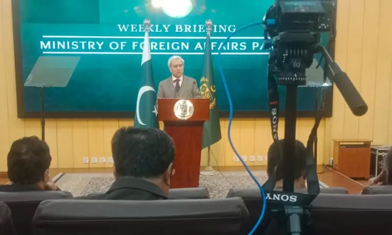 Foreign Office Spokesperson Tahir Andrabi addresses a weekly briefing on Friday. &mdash; Abdullah Mohmand