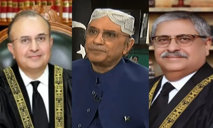 A photo combination of Justice Mansoor Ali Shah (L), President Asif Ali Zardari (C), and Justice Athar Minallah (R). &mdash; SC website and Geo News screengrab/File