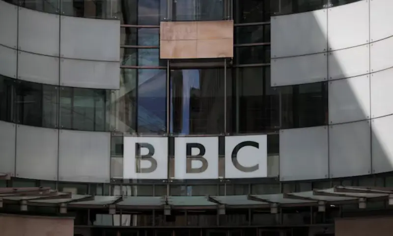 The BBC logo is displayed above the entrance to the BBC headquarters in London, Britain, on July 10, 2023. &mdash; Reuters