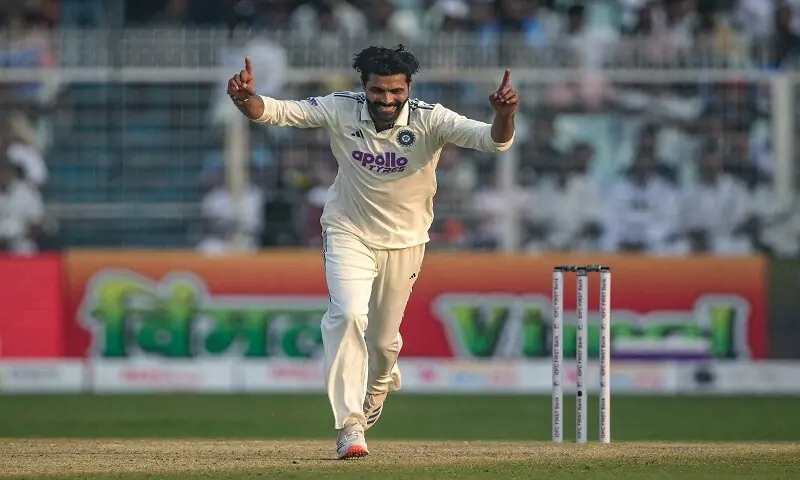 India&rsquo;s Ravindra Jadeja celebrates after taking the wicket of South Africa&rsquo;s Tristan Stubbs during the second day of the first Test at the Eden Gardens in Kolkata on November 15, 2025.&mdash;AFP