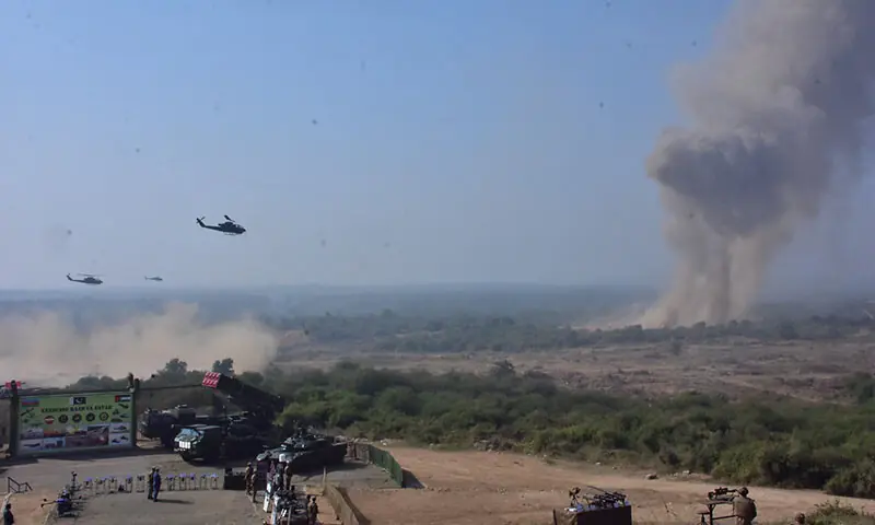 Pakistan Army attack helicopters perform a demonstration at the Tilla Fields firing range near Jhelum on November 16. &mdash; Photo courtesy ISPR