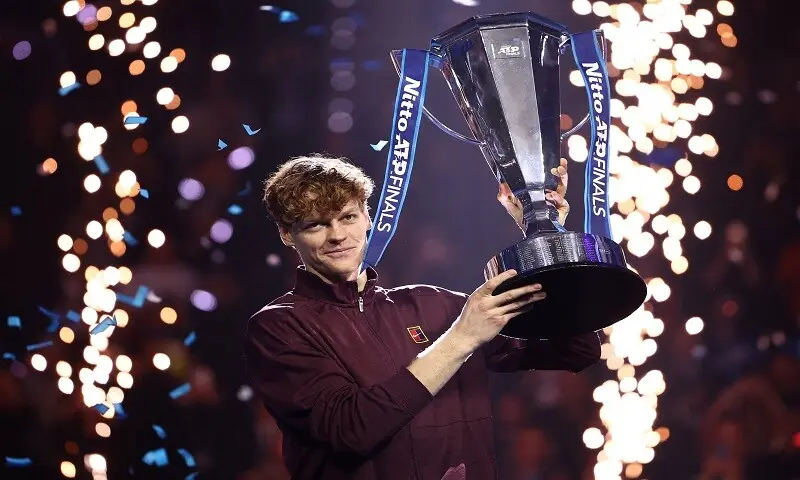 Italy’s Jannik Sinner lifts the trophy after beating Spain’s Carlos Alcaraz in the title match at the ATP Finals in Turin, on November 16, 2025.—Reuters