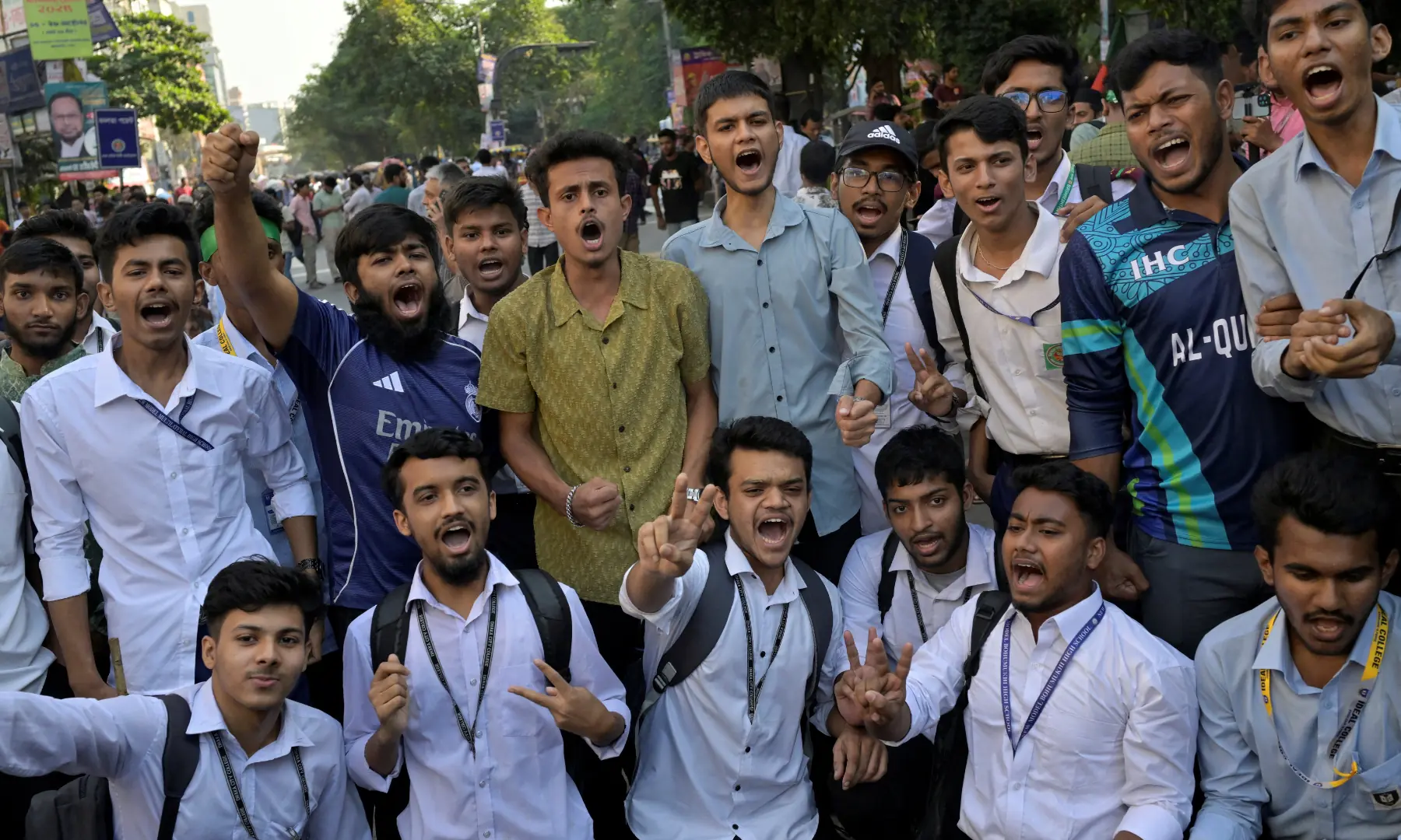 Students celebrate after the verdict on cases against ousted Prime Minister Sheikh Hasina in Dhaka, Bangladesh, on November 17, 2025. — Reuters
