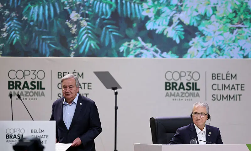 United Nations Secretary-General Antonio Guterres and COP29 President Mukhtar Babayev attend the opening of the Belem Climate Summit plenary session, as part of the COP30 United Nations Climate Change Conference, in Belem, Brazil on November 6. &mdash; Reuters/File