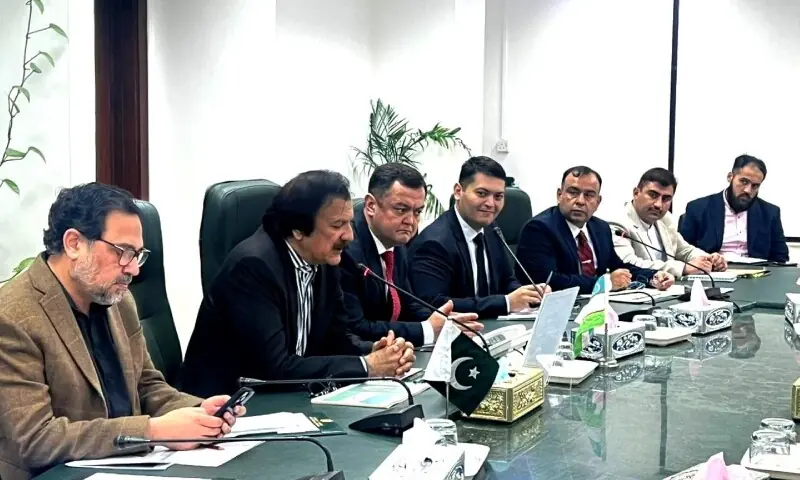 Haroon Akhtar Khan, the special assistant to the prime minister on industries and production, chaired a meeting of the Pakistan-Uzbekistan Cooperation&rsquo;s 8th Review Session on Monday. &mdash; Photo via Ministry of Industries and Production/Facebook
