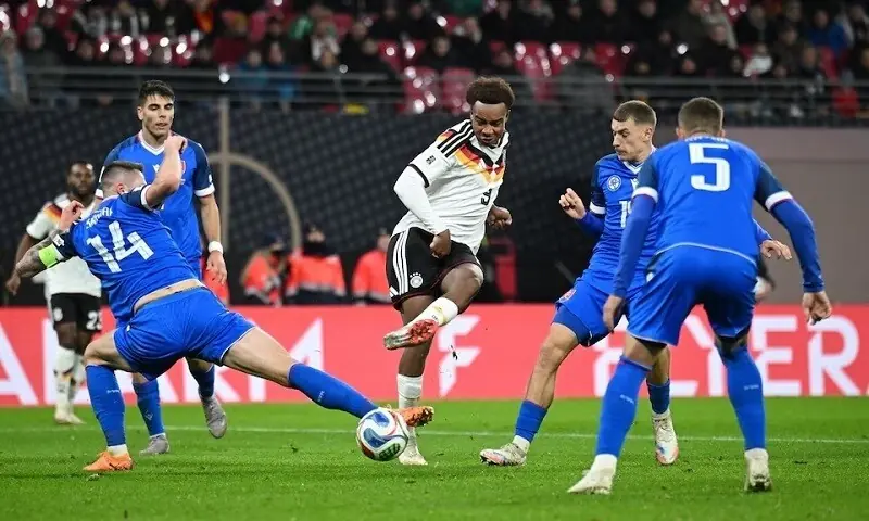 Germany’s Assan Ouedraogo (C) scores during the 2026 FIFA World Cup qualifier against Slovakia at the Red Bull Arena in Leipzig on November 17, 2025.—Reuters Germany’s Assan Ouedraogo (C) scores during the 2026 FIFA World Cup qualifier against Slovakia at the Red Bull Arena in Leipzig on November 17, 2025.—Reuters