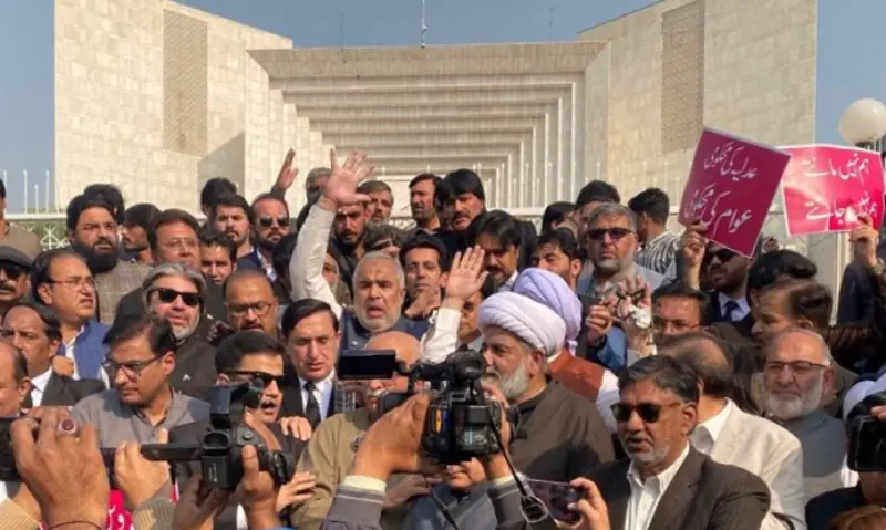 TTAP members stage a protest outside Parliament House, Islamabad on Nov 18, 2025. &mdash; X/AsadQaiserPTI