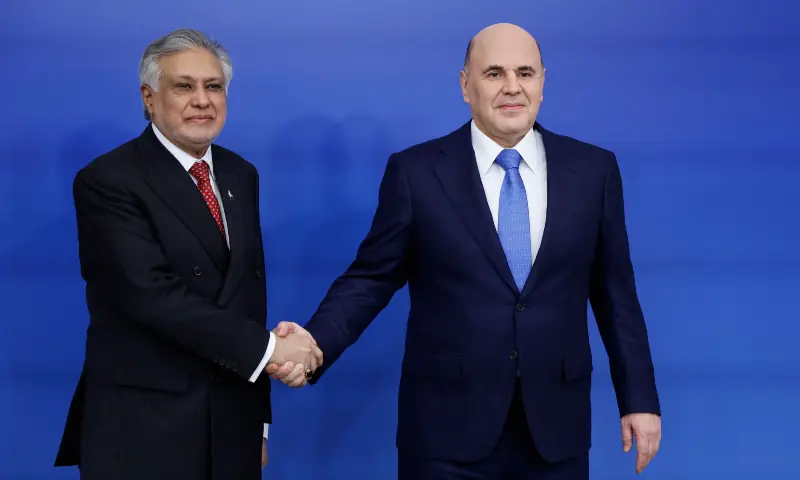Russia’s Prime Minister Mikhail Mishustin greets Deputy Prime Minister and Foreign Minister Ishaq Dar prior to a meeting of the Council of Heads of Government of the Shanghai Cooperation Organisation (SCO) member states in Moscow on Nov 18, 2025. — AFP via pool/ Russian state agency Sputnik Russia’s Prime Minister Mikhail Mishustin greets Deputy Prime Minister and Foreign Minister Ishaq Dar prior to a meeting of the Council of Heads of Government of the Shanghai Cooperation Organisation (SCO) member states in Moscow on Nov 18, 2025. — AFP via pool/ Russian state agency Sputnik