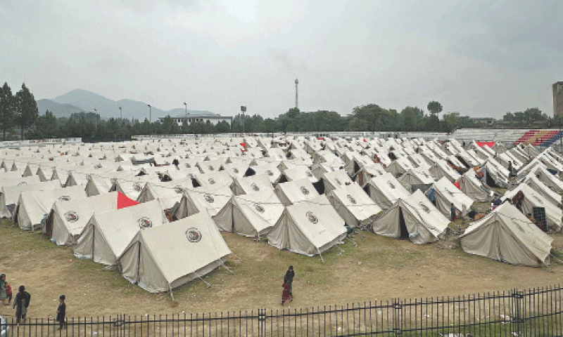 KHAR: A camp has been set up for internally displaced people, who fled their homes amid a targeted operation against militants, in a sports complex.&mdash;AFP