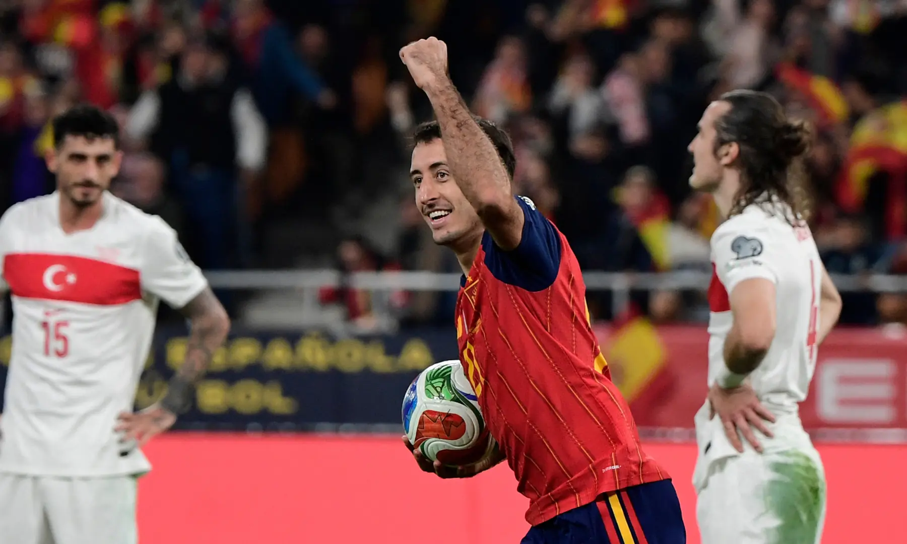 Spain’s midfielder #21 Mikel Oyarzabal celebrates scoring his team’s second goal during the FIFA World Cup 2026 European qualification Group E football match between Spain and Turkey at the Cartuja stadium in Seville on November 18, 2025. — AFP