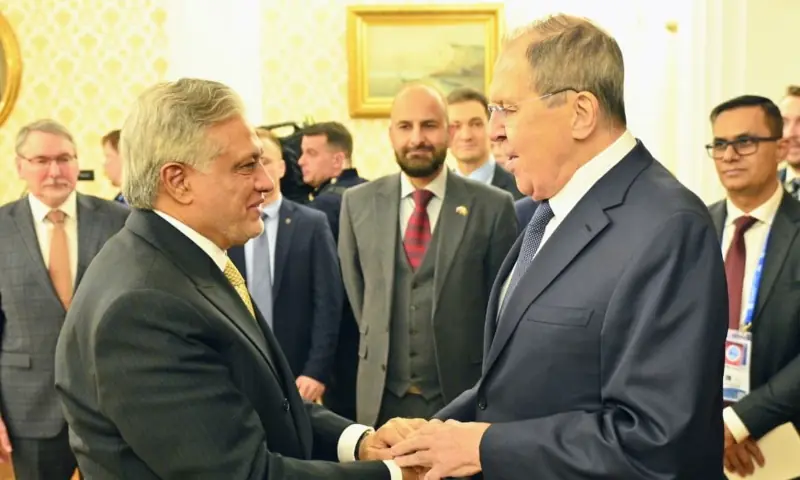 Deputy Prime Minister and Foreign Minister Ishaq Dar meets with Russian Foreign Minister Sergey Lavrov on the sidelines of the SCO-CHG meeting on November 18. &mdash; ForeignOfficePk via X