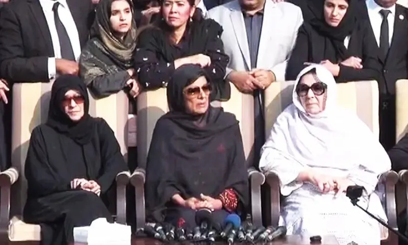Imran Khan&rsquo;s sisters address a press conference on Wednesday. &mdash; DawnNewsTV