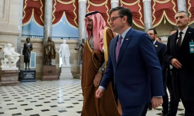 Saudi Crown Prince and Prime Minister Mohammed bin Salman and US House Speaker Mike Johnson (R-LA) walk through Statuary Hall at the US Capitol, on their way to a meeting with members of Congress, on Capitol Hill in Washington, DC, US, Nov 19. — Reuters Saudi Crown Prince and Prime Minister Mohammed bin Salman and US House Speaker Mike Johnson (R-LA) walk through Statuary Hall at the US Capitol, on their way to a meeting with members of Congress, on Capitol Hill in Washington, DC, US, Nov 19. — Reuters