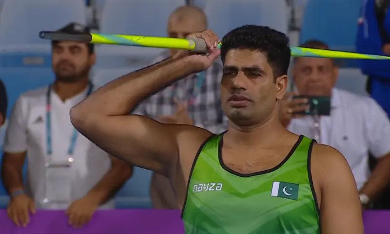 Pakistan&rsquo;s Arshad Nadeem in action at the 6th Islamic Solidarity Games in Riyadh on Wednesday night. &mdash; Screengrab via livestream