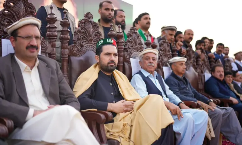 KP Chief Minister Sohail Afridi (2L), MNA Junaid Ajbar (L) and Omar Ayub (2R) at a rally in Abbottabad district&rsquo;s Havelian on Nov 19, 2025. &mdash; screengrab via X/JunaidAkbarMNA