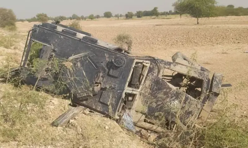 A damaged police van lies on the ground after it was targeted with a bomb in KP&rsquo;s Dera Ismail Khan on Nov 20, 2025. &mdash; via author