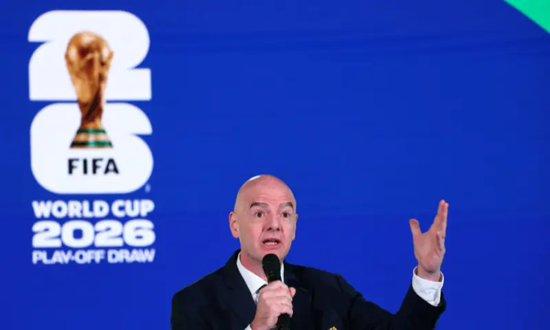 FIFA president Gianni Infantino speaks during the draw of the World Cup Playoff Tournament and European Playoff draws at the FIFA Headquarters, Zurich, Switzerland on  November 20, 2025. &mdash; Reuters