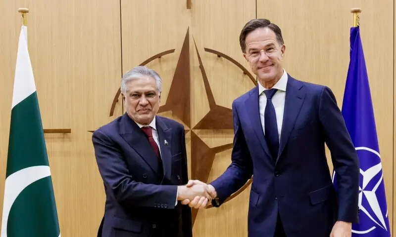 Foreign Minister and Deputy Prime Minister Ishaq Dar with Nato Secretary General Mark Rutte at the NATO headquarters in Brussels on November 20. &mdash; Photo via X/@SecGenNATO