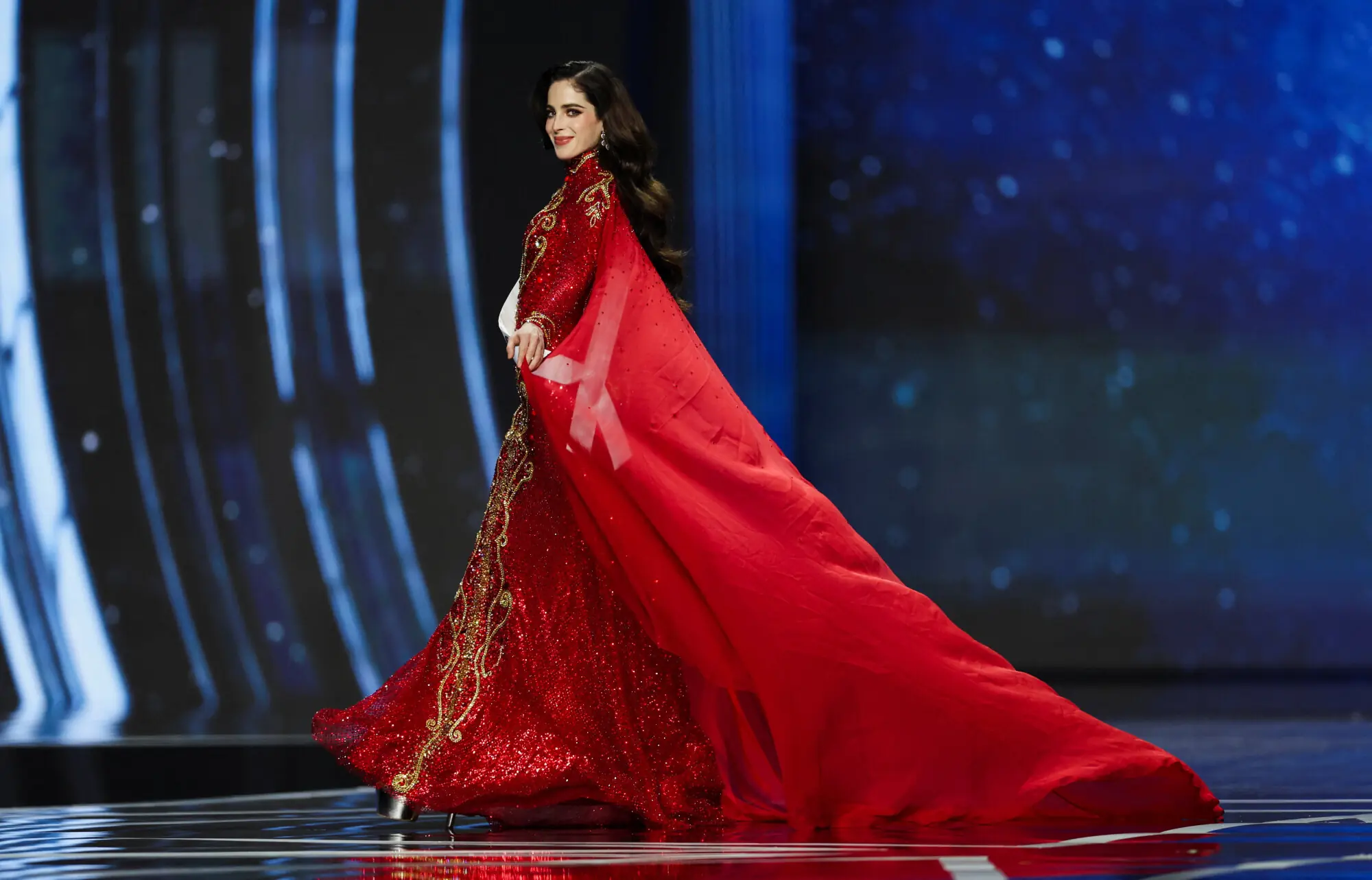 Fatima Bosch of Mexico walks on stage during the 74th Miss Universe pageant. Photo: Reuters
