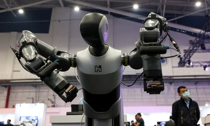 Wheeled AI Industrial Humanoid Robot is being shown during the Hon Hai Tech day in Taipei on November 21, 2025. &mdash;AFP