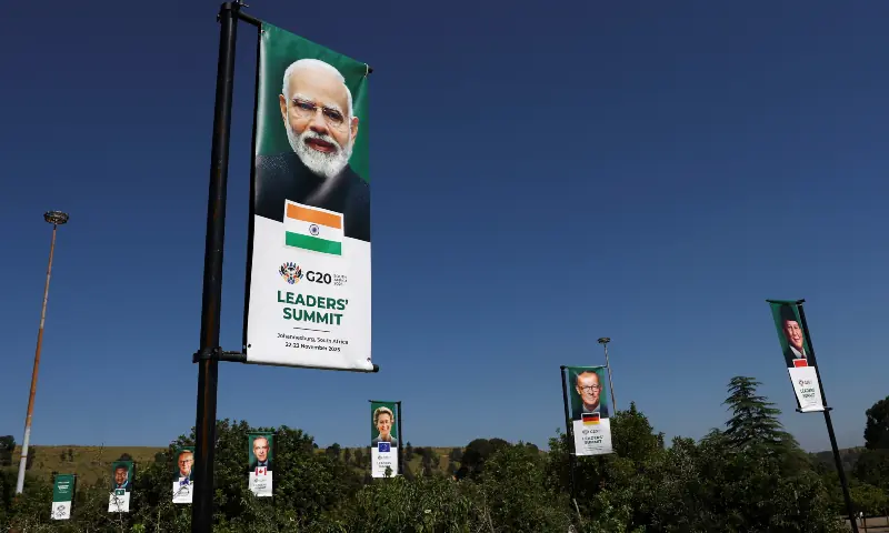 Banners featuring Indian Prime Minister Narendra Modi and other world leaders are displayed inside the secured area of the G20 Summit venue ahead of the meeting scheduled for November 22&ndash;23, in Johannesburg, South Africa on November 21, 2025. &mdash; Reuters