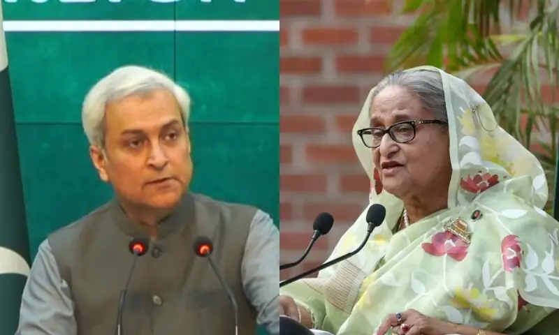 A combination photo of Foreign Office Spokesperson Tahir Andrabi and former Bangladeshi prime minister Sheikh Hasina. &mdash; DawnNewsTV/Reuters