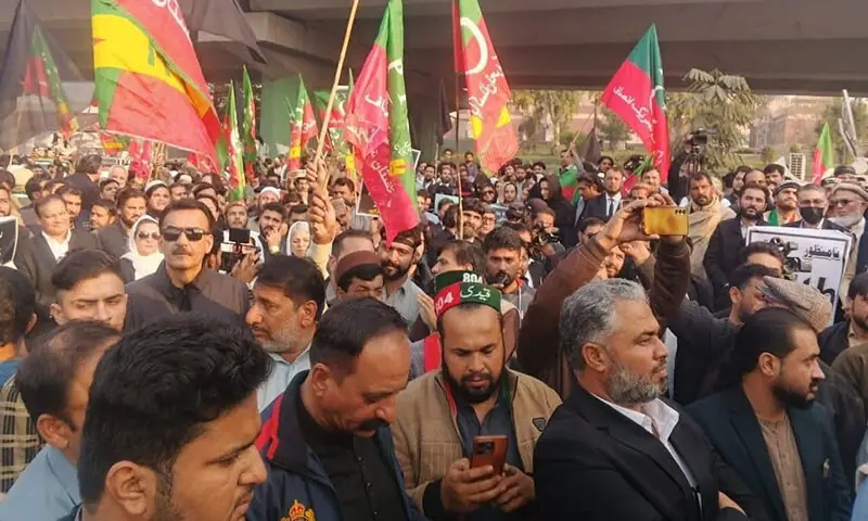 PTI workers and supporters attend a protest in Peshawar on November 21. &mdash; X/@JunaidAkbarMNA