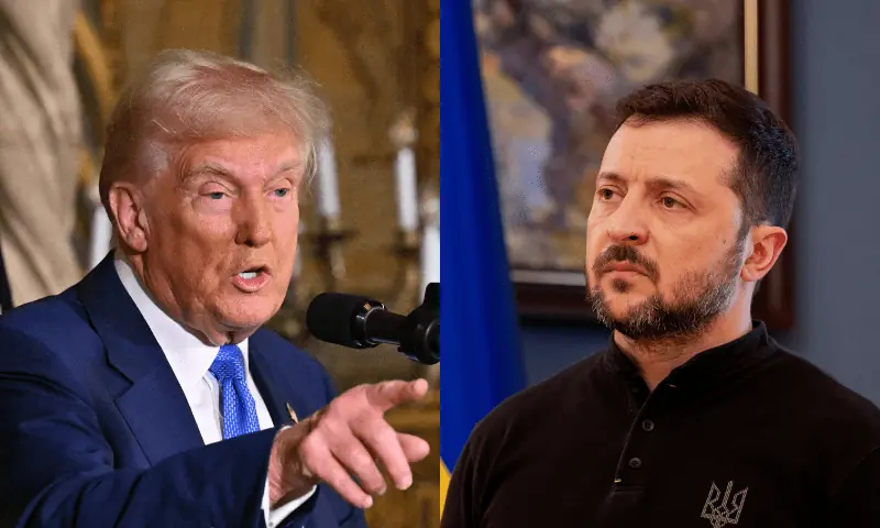 US President Donald Trump takes a question in Florida on Feb 18, 2025 (L); Ukraine&rsquo;s President Volodymyr Zelensky gives a press conference in Kyiv on Feb 19, 2025. &mdash; AFP/File