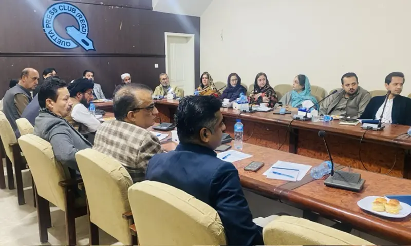 Experts gather at a discussion orga&shy;nised by the Islamabad-based Pak Institute for Peace Studies (PIPS), at the Quetta Press Club on Nov 21, 2025. &mdash; Facebook/YIFH2020