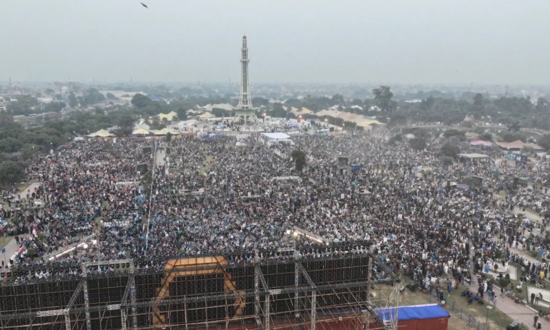 A crowd gathers at Iqbal Park in Lahore as Jamaat-i-Islami (JI) kicks off its Ijtima-i-Aam with over 150 delegates from 45 countries, on Nov 21, 2025. &mdash;X/JIPOfficial