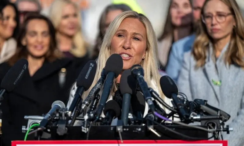US Representative Marjorie Taylor Greene, Republican of Georgia, speaks during a press conference on the &ldquo;Epstein Files Transparency Act&rdquo; at the US Capitol in Washington, DC on Nov 18, 2025. &mdash; AFP