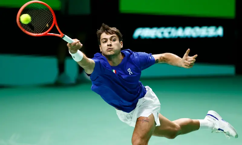 Italy&rsquo;s Flavio Cobolli in action during his singles match against Belgium&rsquo;s Zizou Bergs at the Davis Cup semi final, Italy v Belgium at the SuperTennis Arena in Bologna, Italy on November 21, 2025. &mdash; Reuters