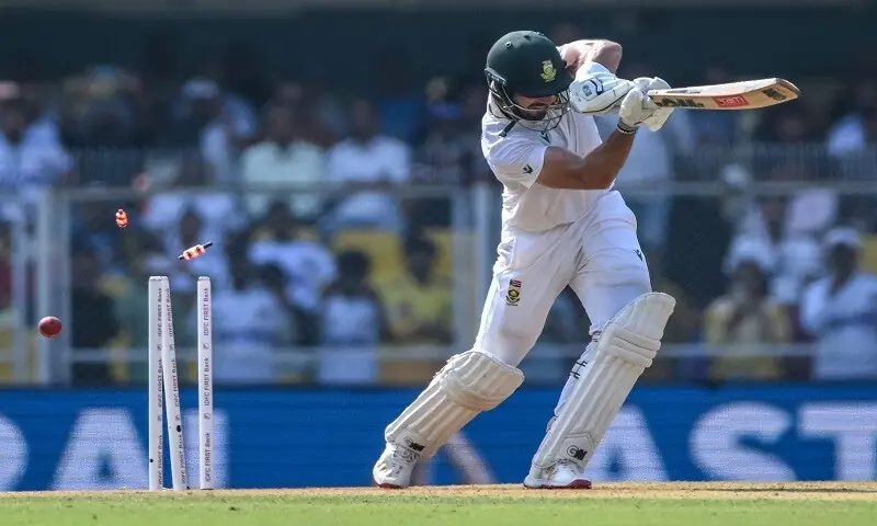 South Africa&rsquo;s Aiden Markram is clean bowled by India&rsquo;s Jasprit Bumrah during the first day of the second Test at the Barsapara Cricket Stadium in Guwahati on November 22, 2025.&mdash;AFP
