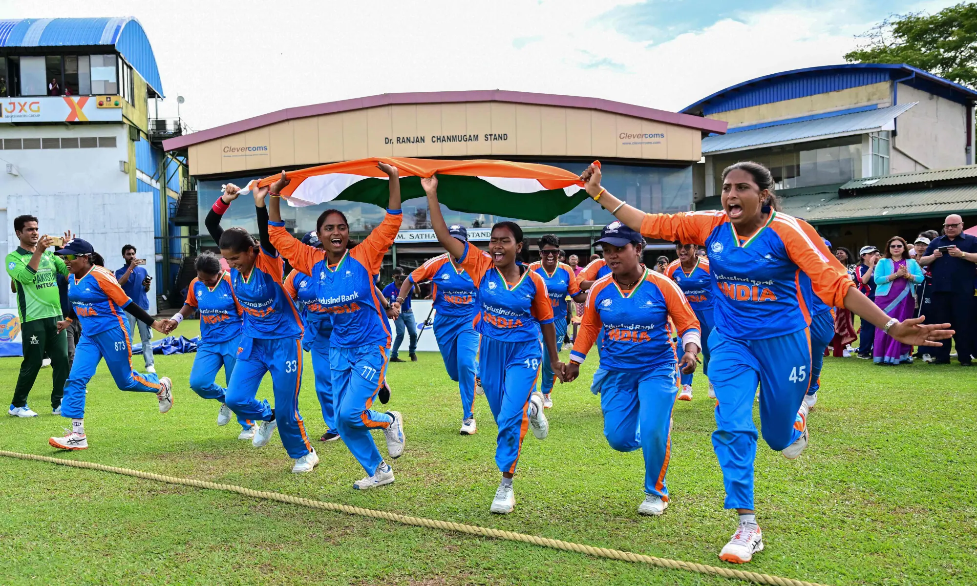 India&rsquo;s players celebrate after their team&rsquo;s victory in the first Blind Women&rsquo;s Twenty20 World Cup final against Nepal at the P. Sara Oval International Cricket Stadium in Colombo on November 23, 2025.&mdash;AFP
