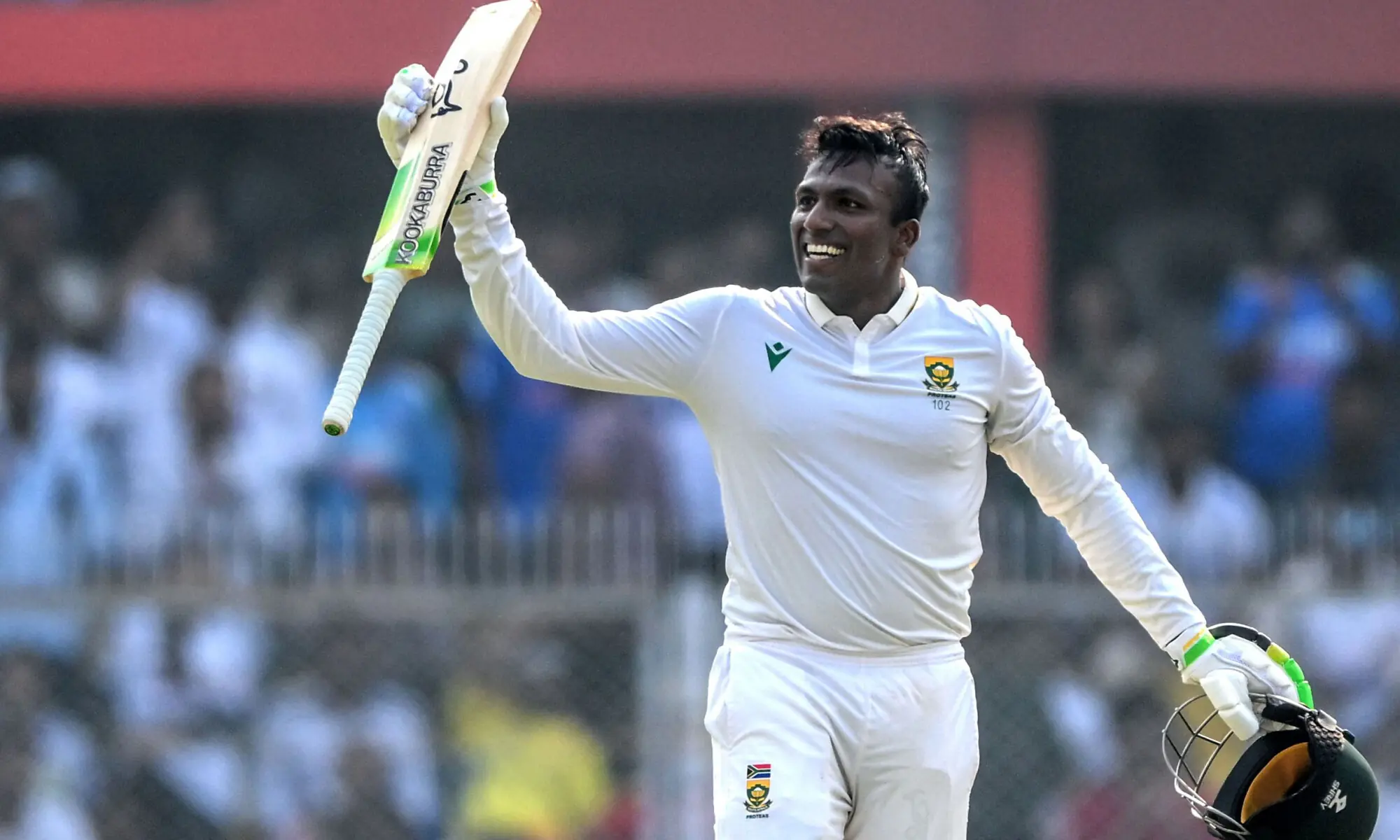 South Africa&rsquo;s Senuran Muthusamy celebrates after scoring a century during the second Test against India at the Barsapara Cricket Stadium in Guwahati on November 23, 2025.&mdash;AFP