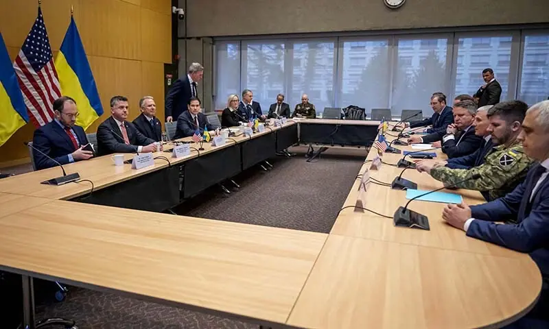 US Secretary of State Marco Rubio (4th L) and US special envoy Steve Witkoff (3rd L) face the Ukrainian delegation during discussions on a US plan to end the war in Ukraine at the US Mission in Geneva, Switzerland on November 23. &mdash; AFP