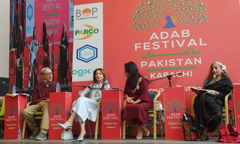 Zarrar Khuhro, Sharmila Faruqui, Saira Malik Awan, and Sheema Kermani speak at the panel &ldquo;Power women of Pakistan: her story, our future&rdquo; at the 10th Adab Festival, held at Habitt City on November 23 in Karachi. &mdash; Photo by author