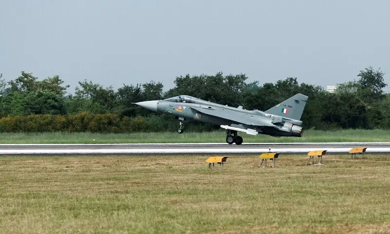 Hindustan Aeronautics Limited (HAL) Tejas Mark 1A, a light combat aircraft takes off ahead of its maiden flight at HAL Nashik, India, October 17. &mdash; Reuters