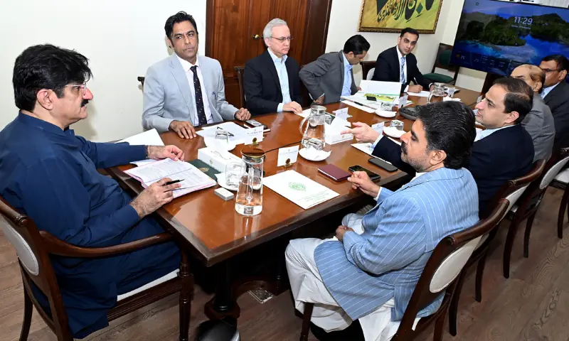 Sindh Chief Minister Murad Ali Shah chairs a meeting regarding the reconstruction of Karachi roads on Monday. &mdash; X/@SindhCMHouse