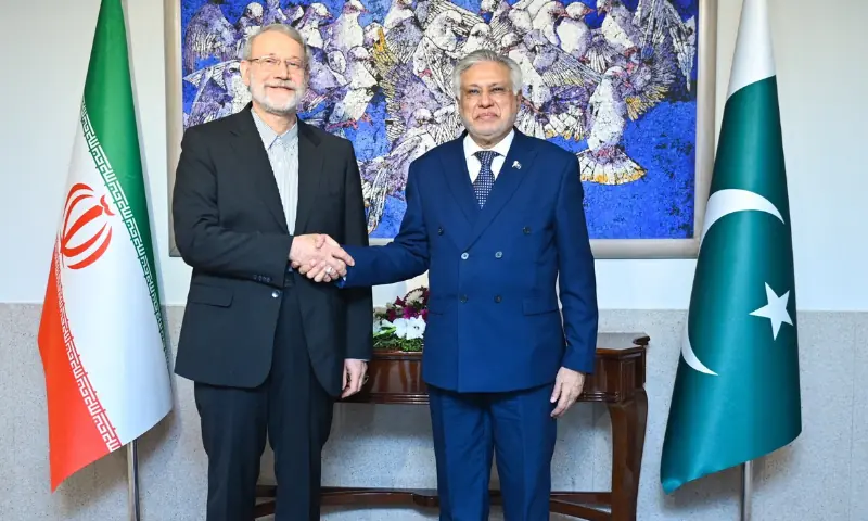 Secretary of Iran’s Supreme National Security Council Dr Ali Larijani (L) and Deputy Prime Minister and Foreign Minister Ishaq Dar (R). — X@ForeignOfficePk