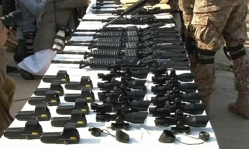 An image of M4A1 rifles and other American equipment seized in Peshawar from January 2016. ─ Ali Akbar/File