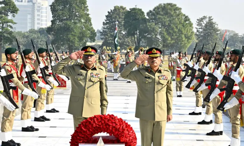 Outgoing Chairman Joint Chief of Staff Committee General Sahir Shamshad Mirza (L) on a farewell visit to Chief of Army Staff Field Marshal Asim Munir (R) at General Headquarters in Rawalpindi on Tuesday. &mdash; ISPR