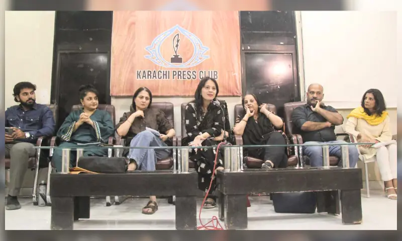 Speakers, including Karachi residents, address a press conference at the Karachi Press Club on November 25 &mdash; via Rasha Tarek