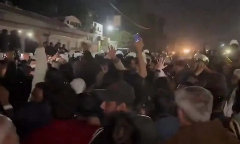 Riot police come face-to-face with PTI workers and supporters outside Adiala Jail in Rawalpindi on November 25. &mdash; Screengrab via X/@PTIPunjabPK