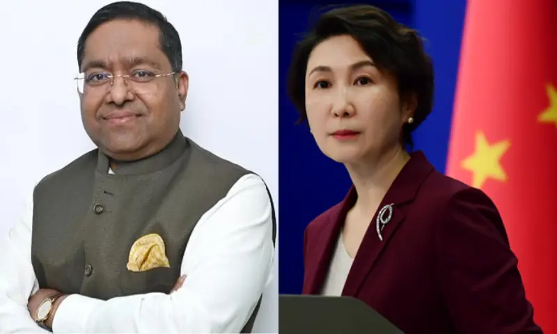 This photo combo shows a file photo of Indian MEA spokesperson Randhir Jaiswal (L), and China MFA spokesperson Mao Ning (R) addressing a press briefing on Nov 25, 2025. — via X/MEAIndia / fmprc.gov.cn
